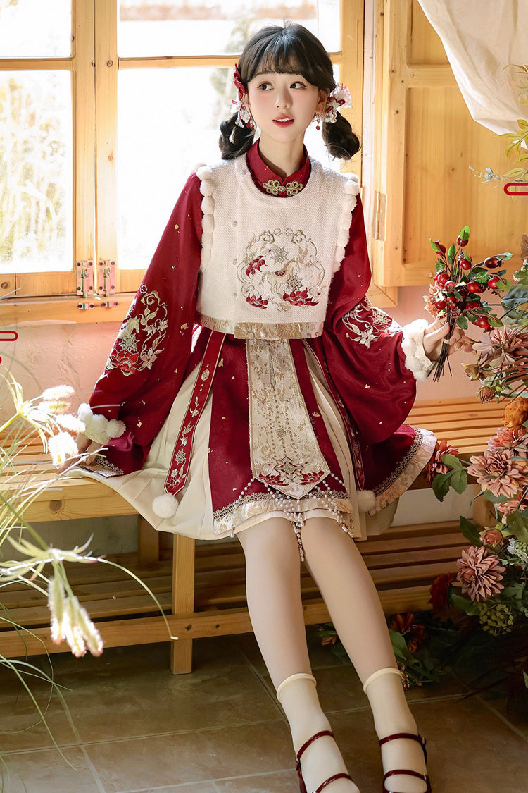 Ruby Embroidered Hanfu Ensemble with Bell Sleeves and High Waist