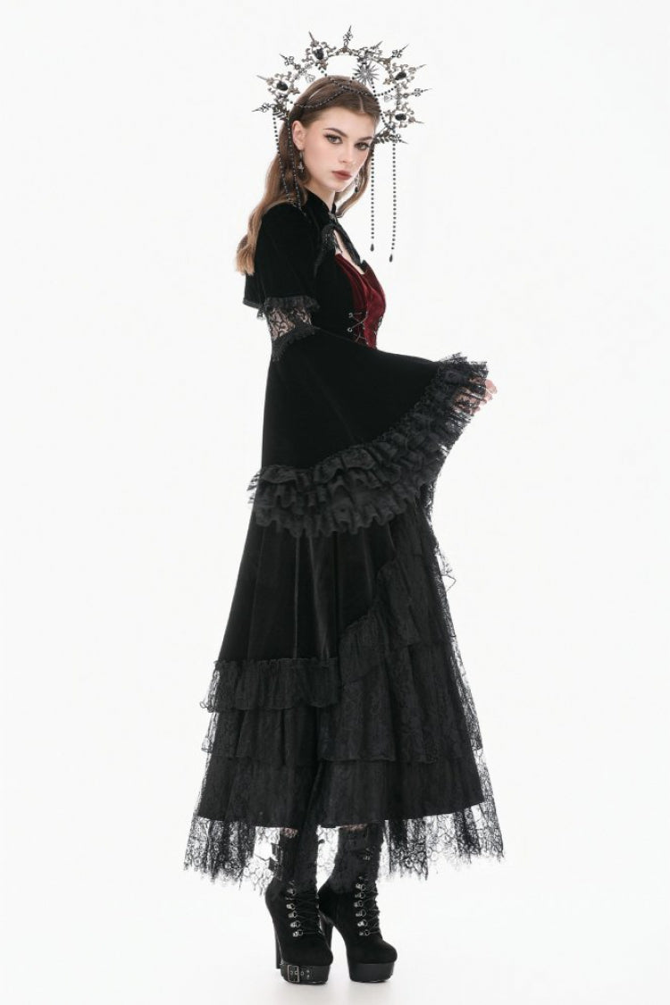 Gothic Shrug with Keyhole Mandarin Collar, Velvet Lace Splice & Flare Sleeves