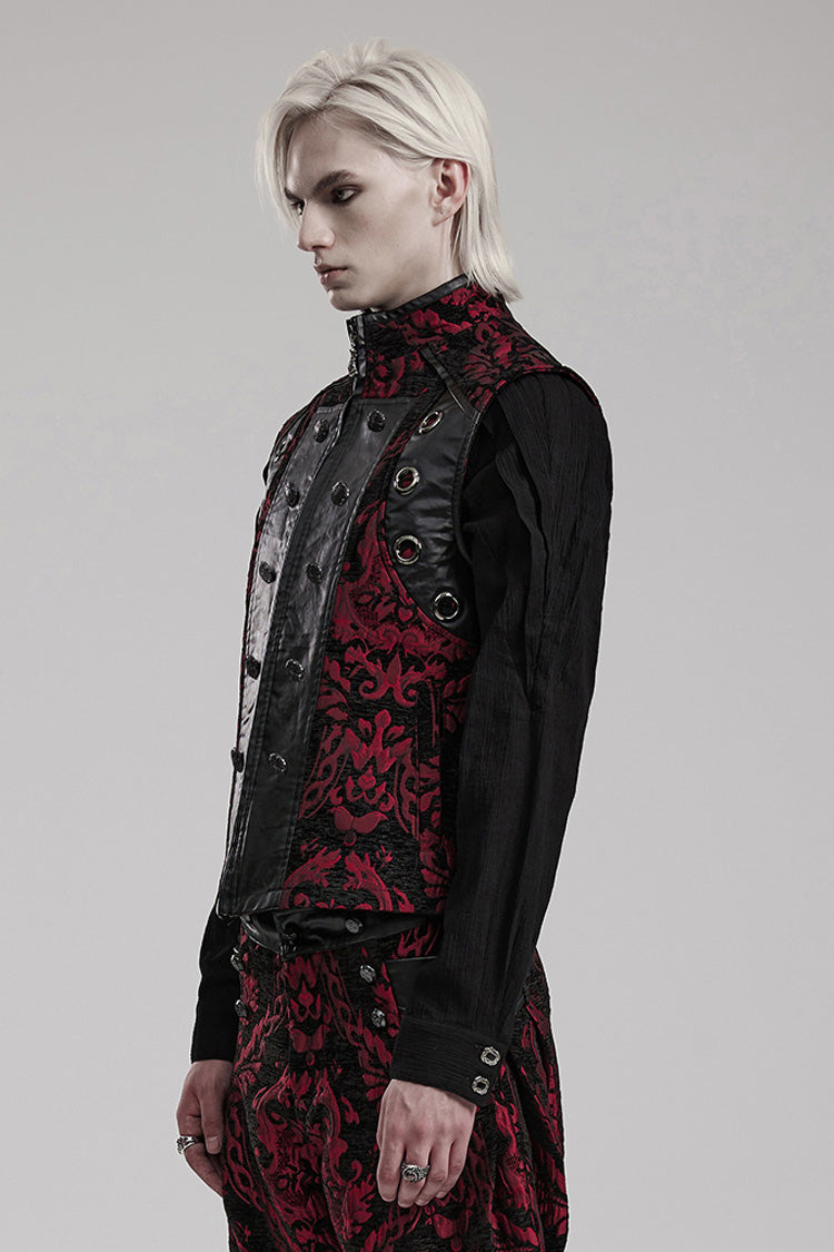 Crimson & Noir Men's Stand Collar Jacquard Print Stitched Metal Ring Gothic Vest