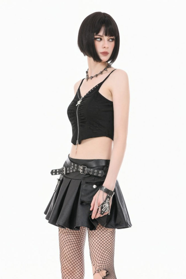 Women's Punk Pleated Skirt with Belt, Chain and Cross Lace-Up Decoration
