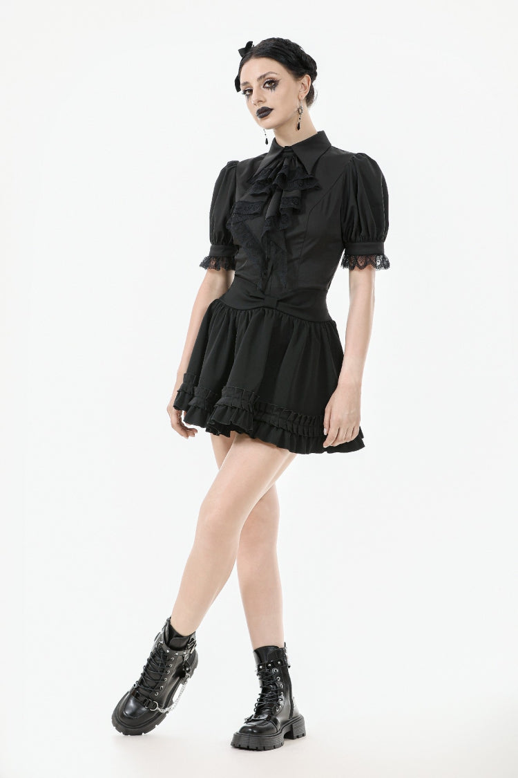 Lapel Collar Puff Sleeve Blouse with Removable Cravat - Gothic Edge
