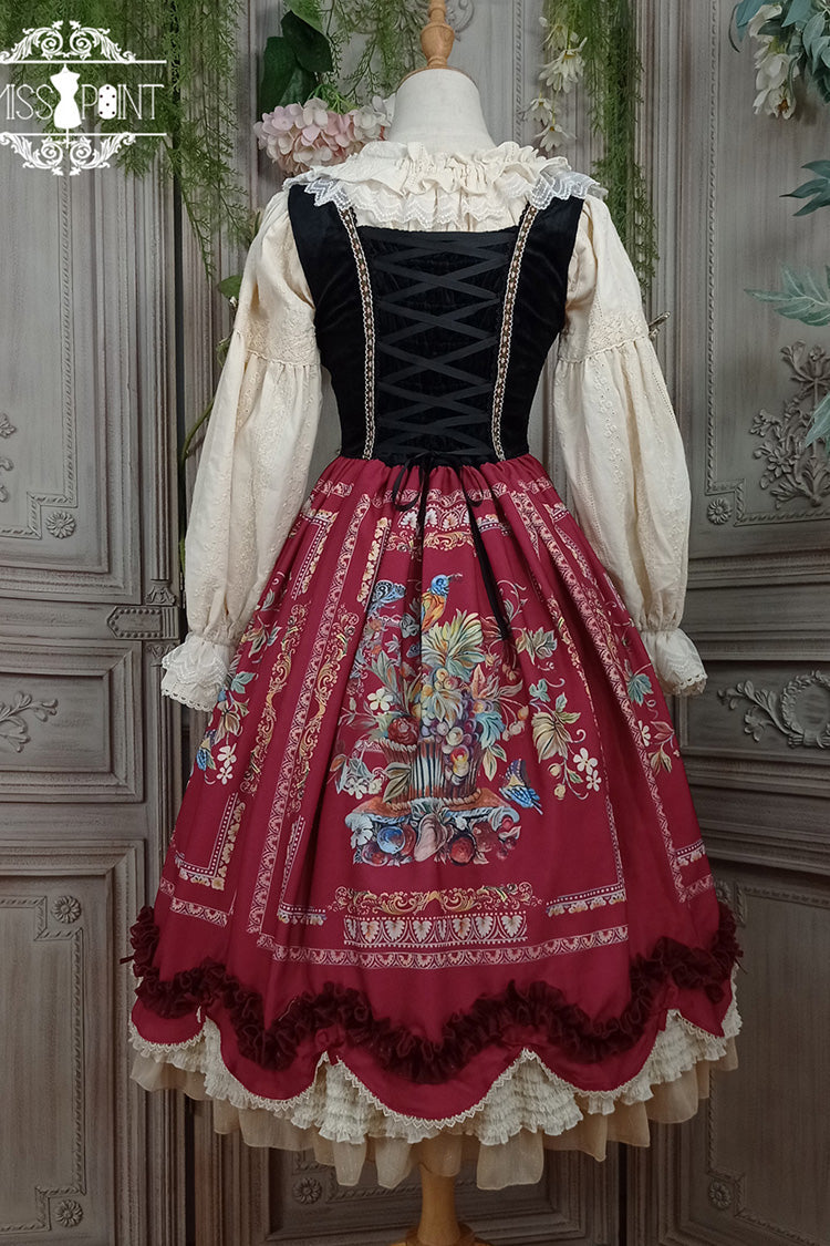 Burgundy Berries and Birds Print Ruffle Bow Velvet Classic Lolita Corset JSK Dress