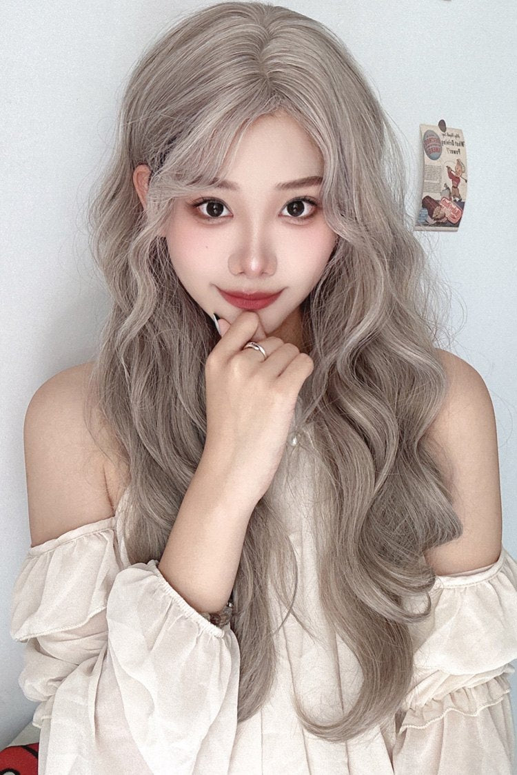 Long Wavy Sweet Lolita Wig with Curved Bangs in Beige Brown
