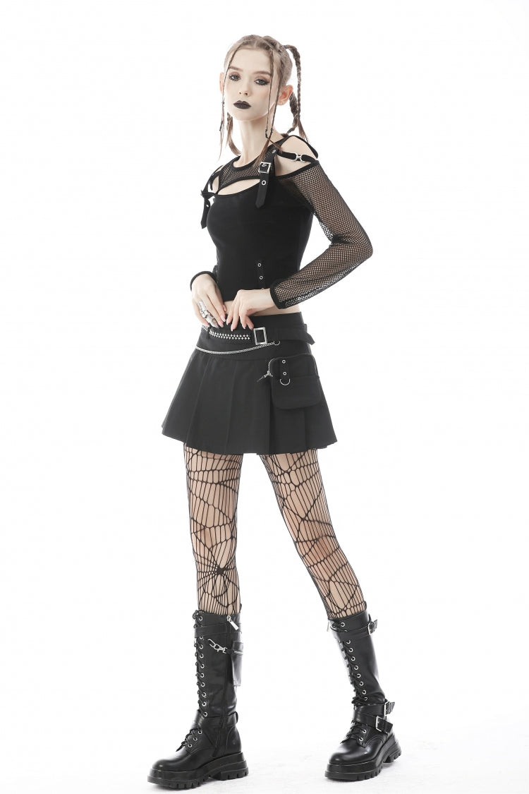 Jet-Black Chain-Trimmed Pleated Mini Skirt with Waistbelt