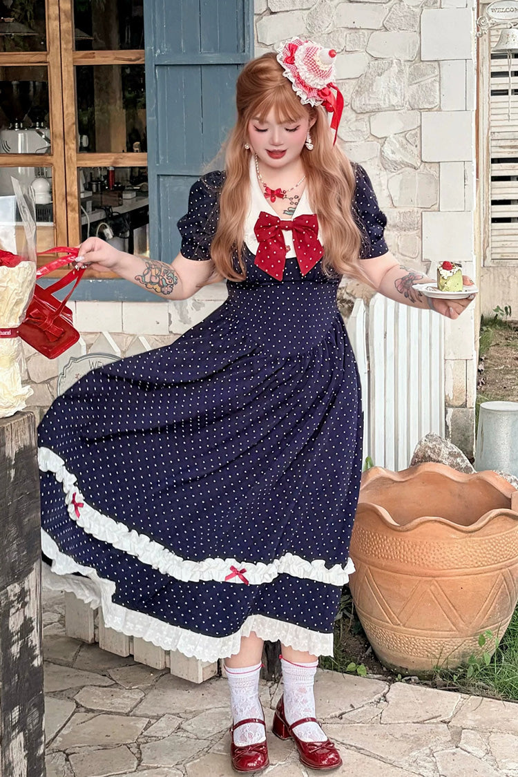 Polka Dot V-Neck Ruffled Bow Lace Plus-Size Preppy Dress