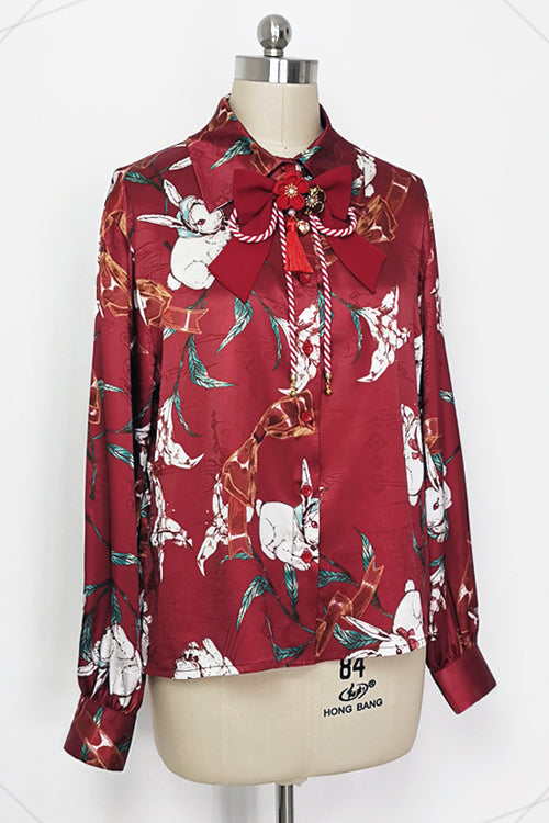Burgundy Lily Rabbit Lapel Blouse with Long Sleeves