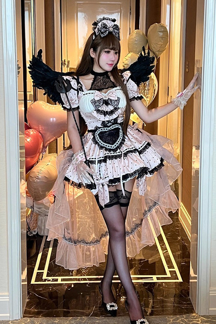Apprentice Cupid Halterneck Short Sleeves Print Ruffle Bowknot Lace, Maid Sweet Lolita