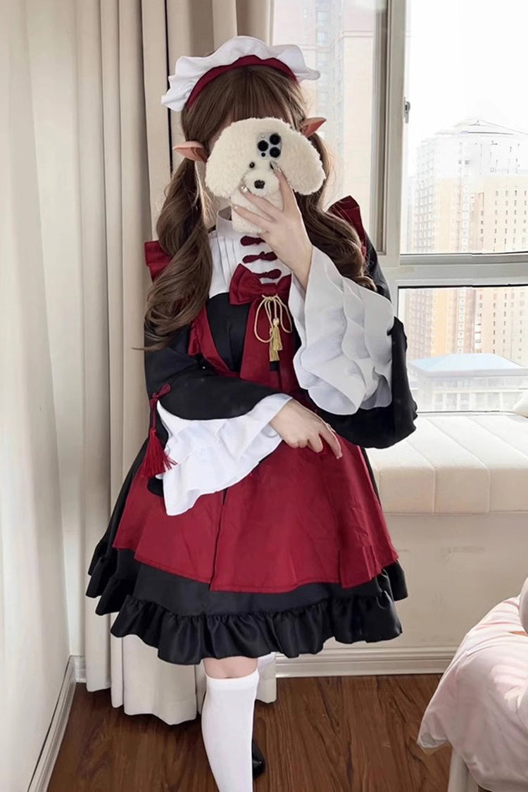 Crimson & Noir Maid Long Flared Sleeve Ruffled Bow Classic Plus Size Chinese Lolita Full Set