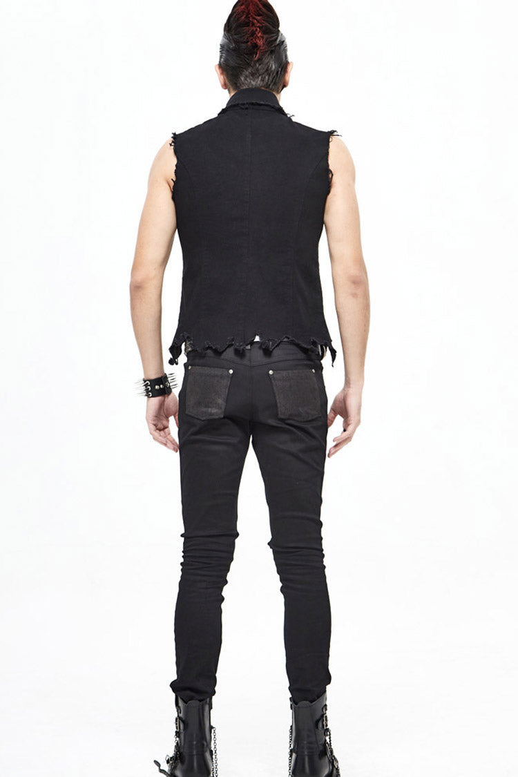 Distressed Mesh-Trimmed Punk Waistcoat with Raw Hem - Noir