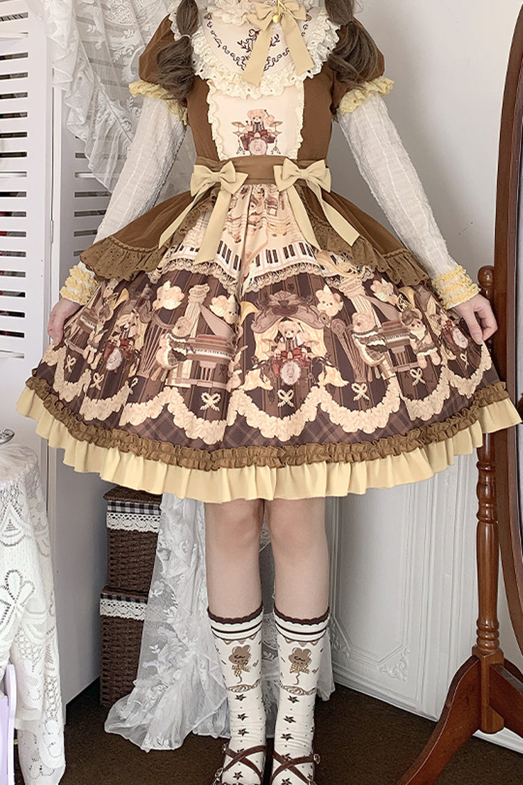 Chocolate Print Ruffle Bow Princess Dress - Little Bear Concerto