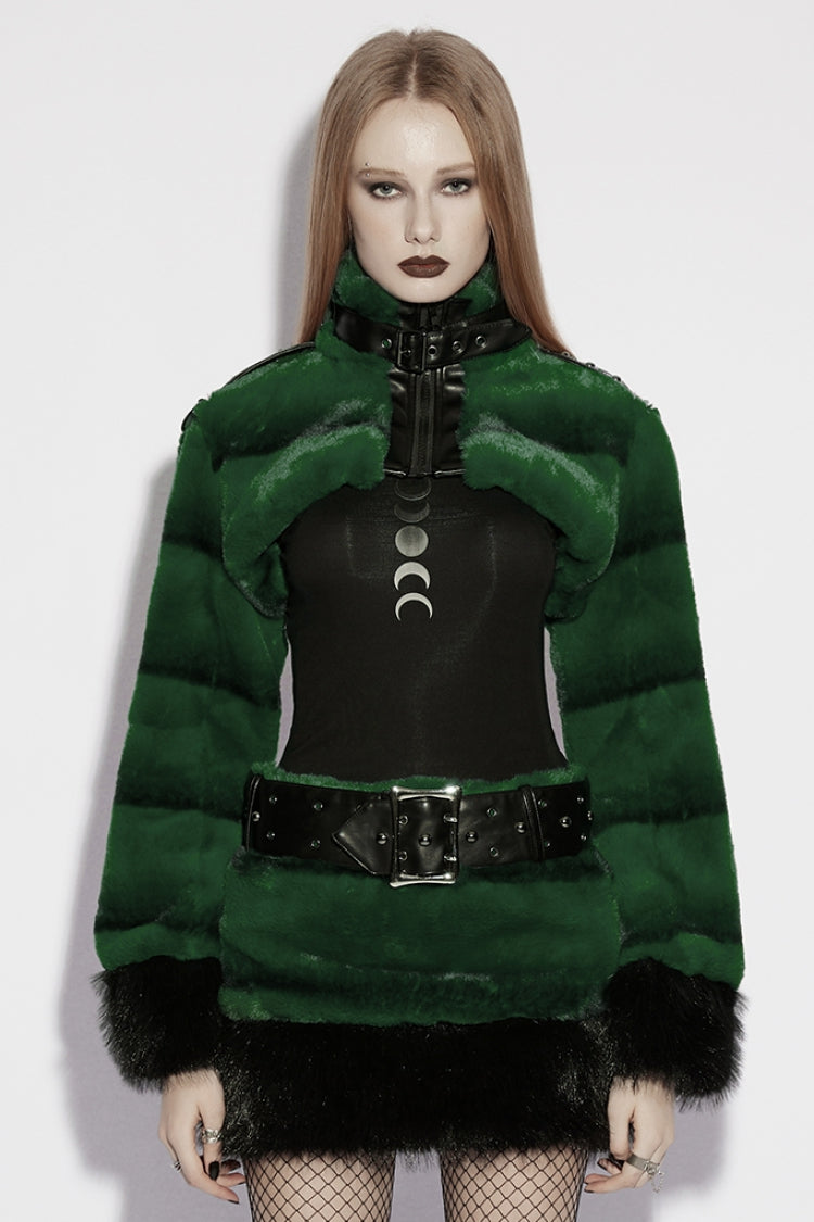 Emerald Stand Collar Long Sleeve Buckle Straps Faux Fur Punk Short Cloak for Women
