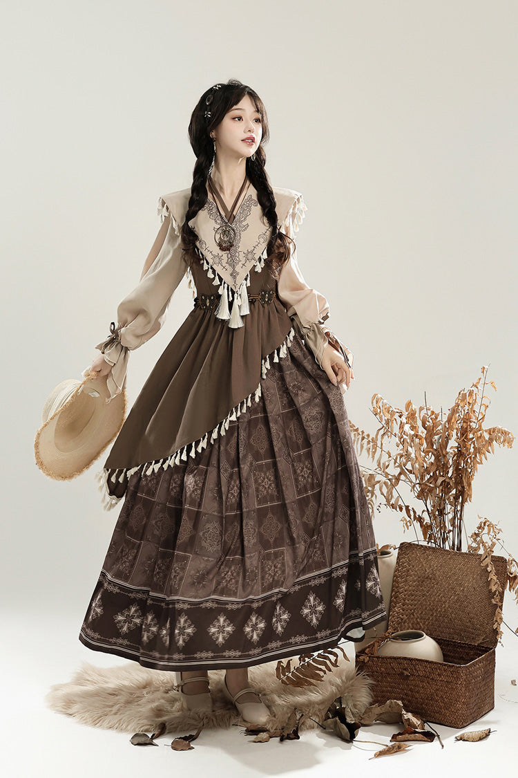 Chinese Style Lolita Dress with Lantern Sleeves and Asymmetric Ruffle