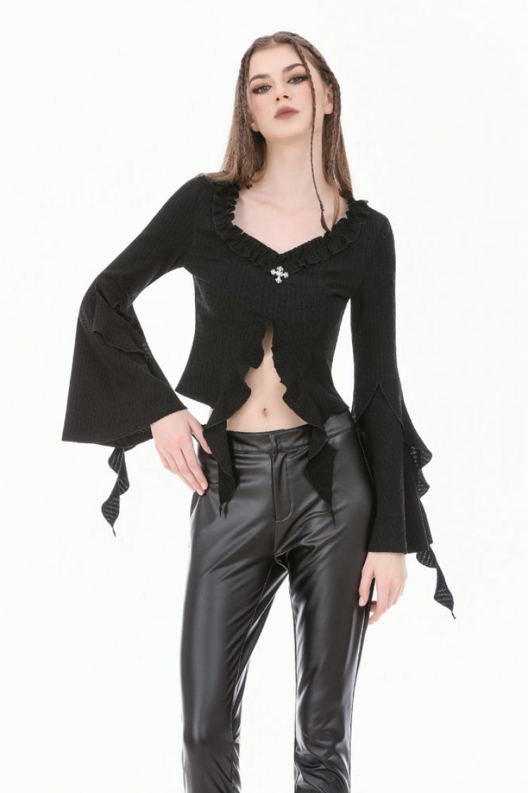 Women's Gothic Crop Top with Ruffled V-Neck, Split Trumpet Sleeves and Streamer