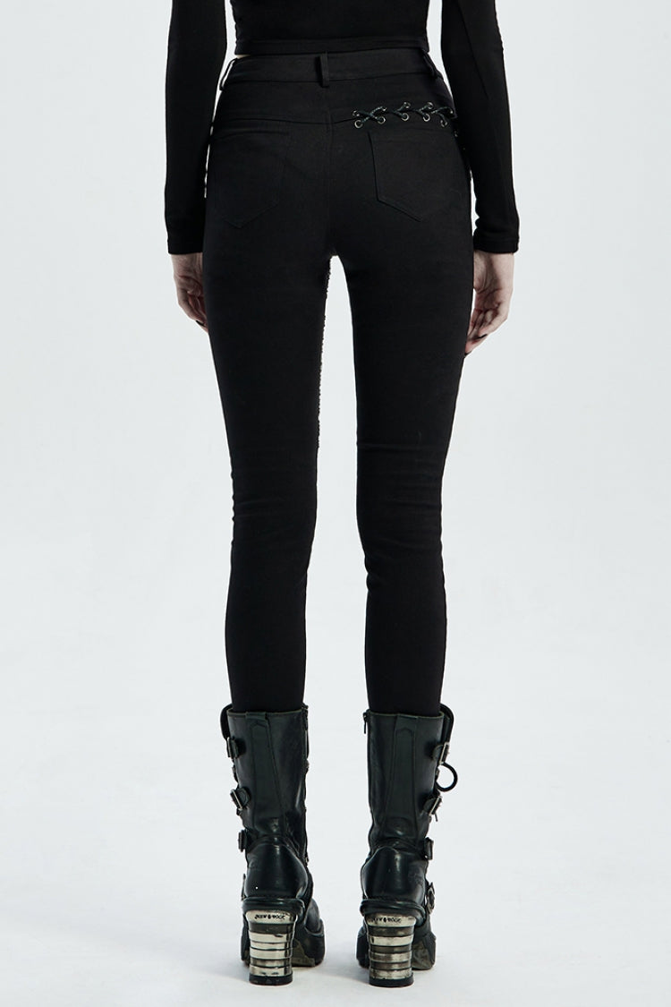 Steampunk Laced Skinny Denim Trousers with Drawstring Accents