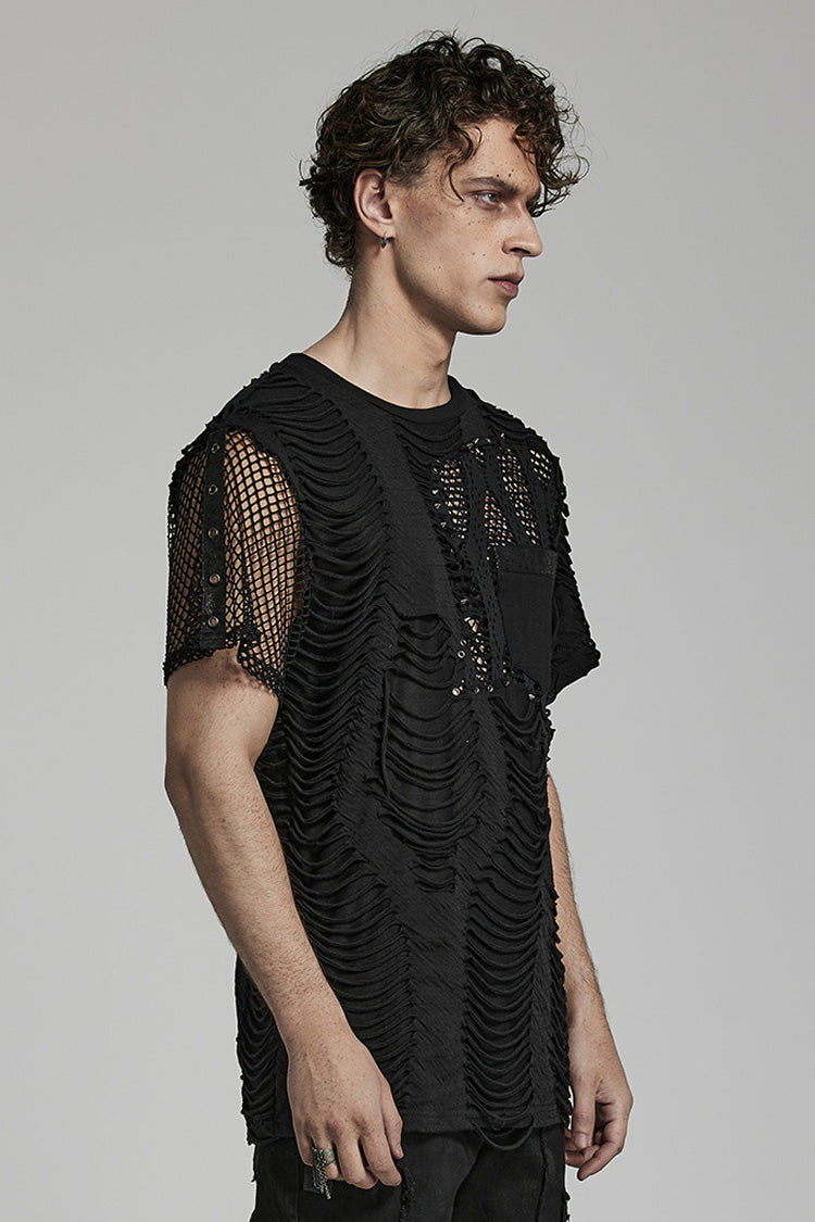 Distressed Mesh-Stitch T-Shirt with Ripped Details