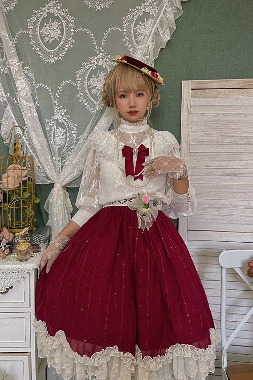 Burgundy Tulip Ruffle Classic Lolita Skirt Dress