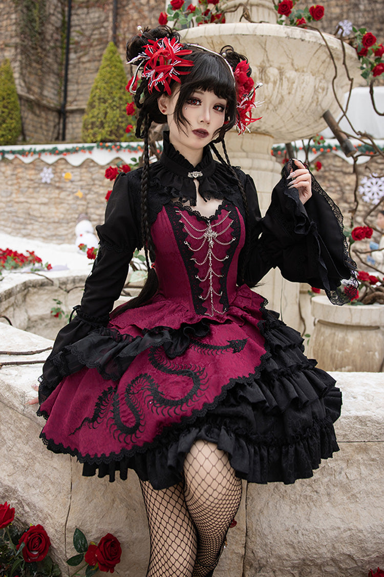 Crimson & Noir Multi-Layer Ruffled Bow Lace Asymmetric Gothic Lolita JSK Dress