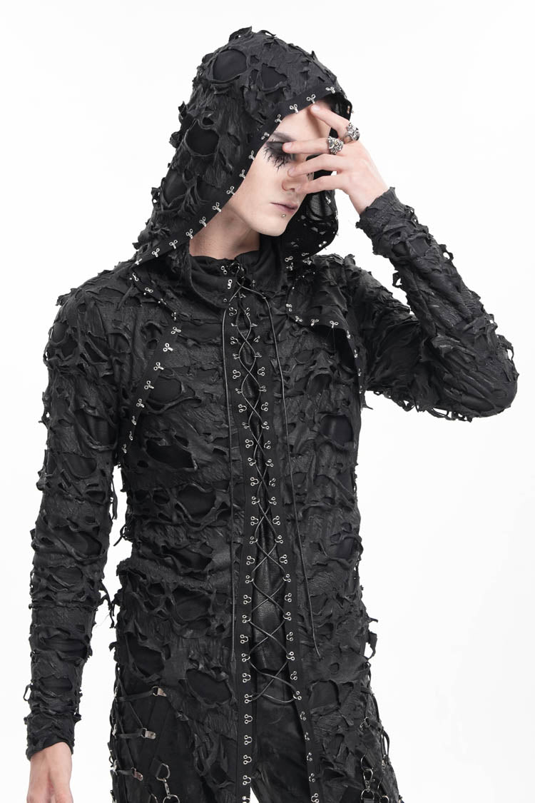 Gothic Hooded Coat with Studs and Lace-Up Front