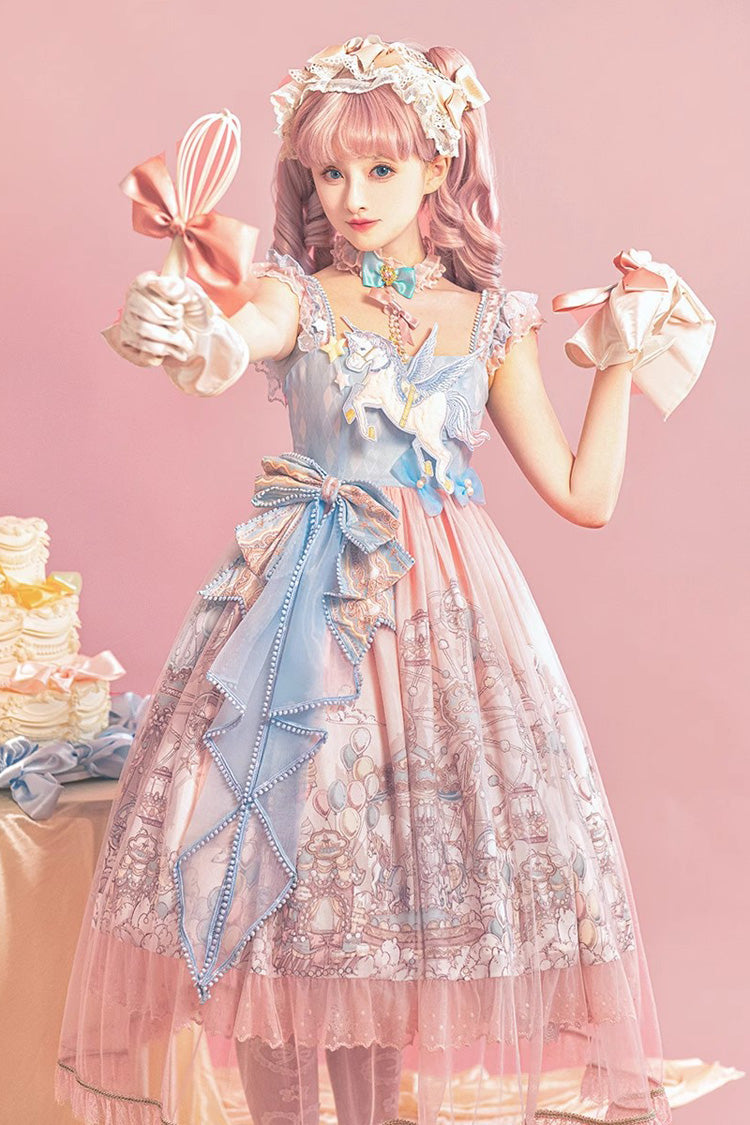 Pink Cloud Paradise Embroidered Ruffle Bow Lace Lolita JSK
