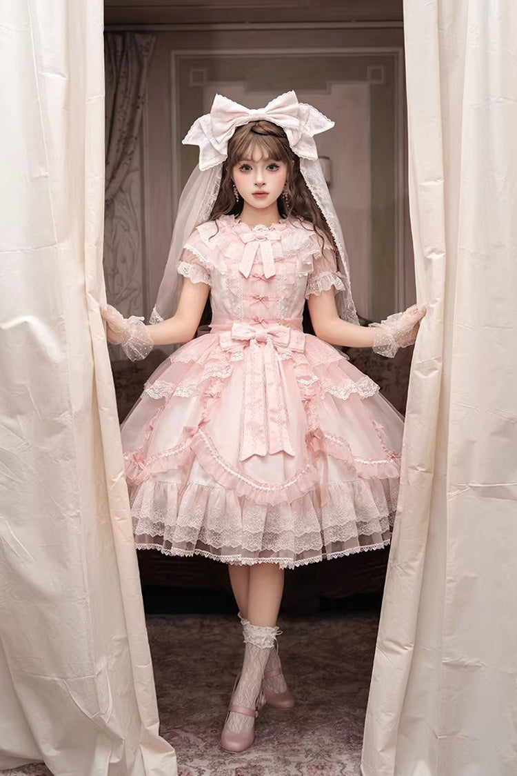 Candy Flavor Round Collar Short-Sleeve Ruffle Bow Lace Elegant Lolita OP