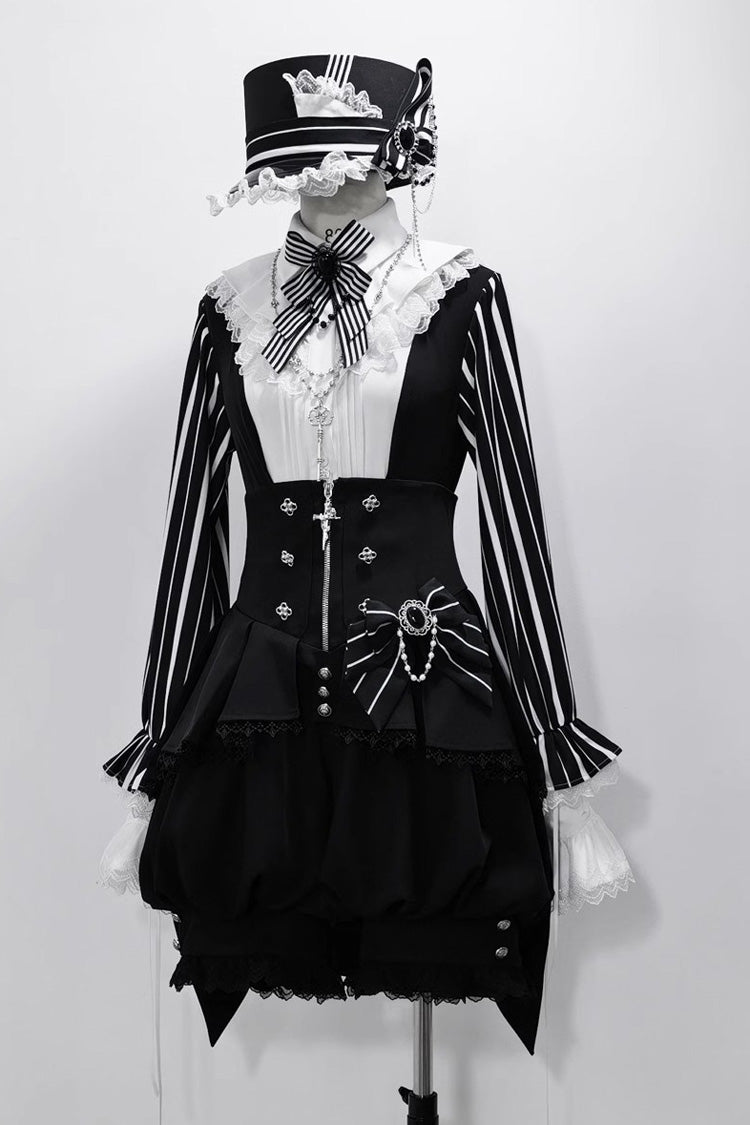 Elegant Lolita Shorts with Stripe Print and Lace - Noir