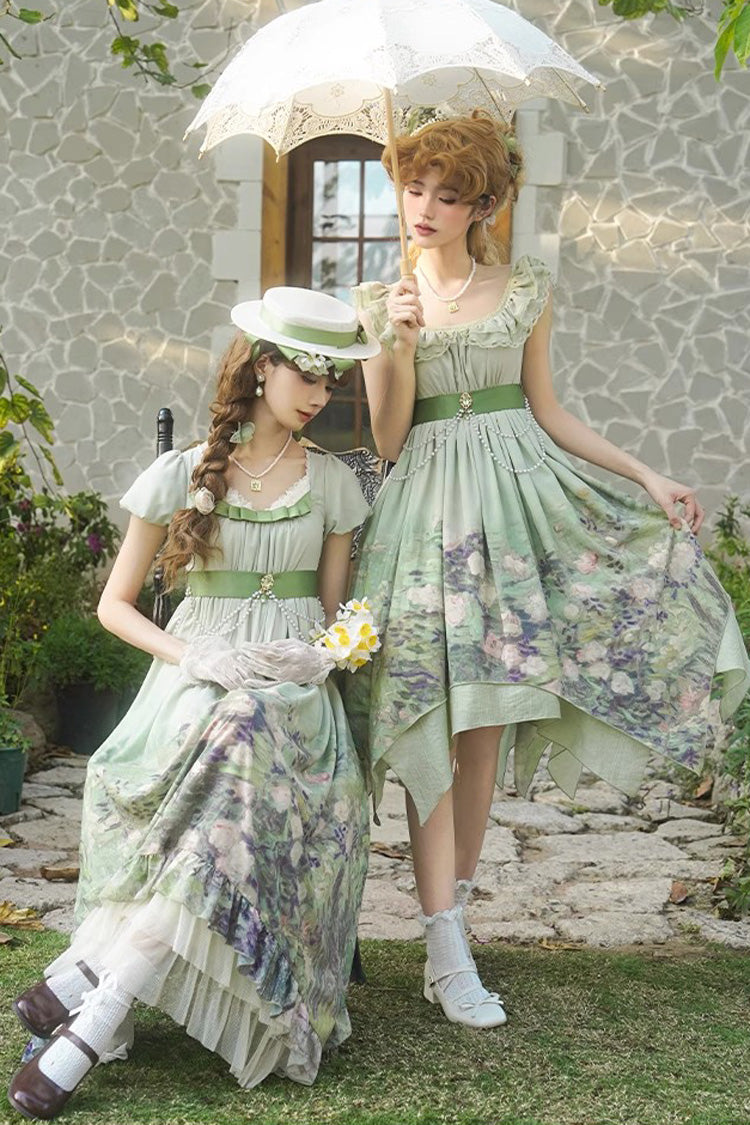 Emerald Blooming Roses Oil Painting Chiffon Ruffle Bow Irregular Sweet Lolita Jumper