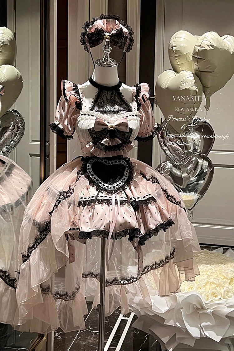 Apprentice Cupid Halterneck Short Sleeves Print Ruffle Bowknot Lace, Maid Sweet Lolita