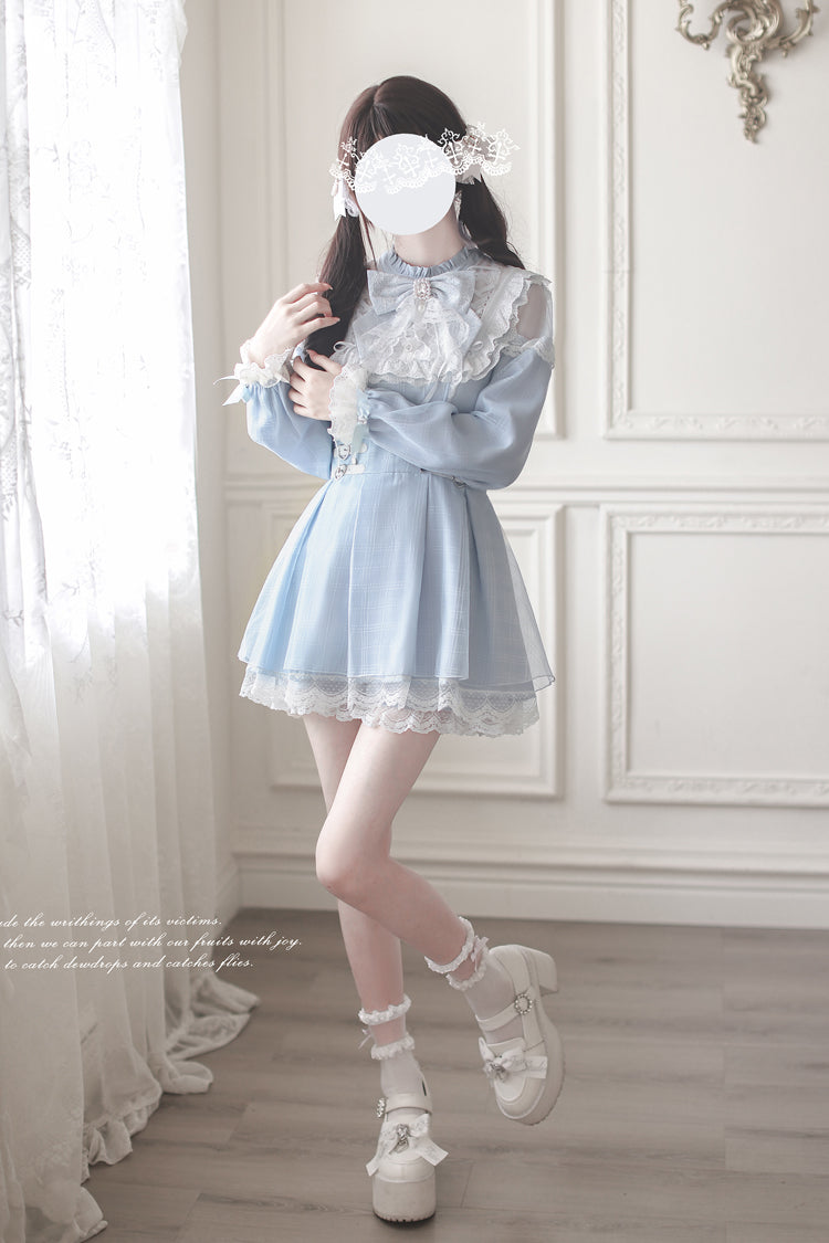 Angel Heartbeat Bowknot Lace Sweet Jirai Kei Japanese Dress with Long Sleeves