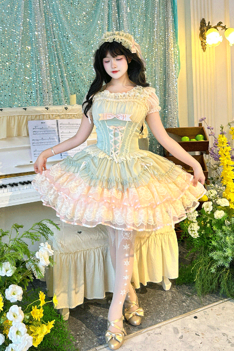 Emerald Bale Bebe Sleeveless Triple Ruffled Bow Lace-Up Sweet Ballet Lolita Gown