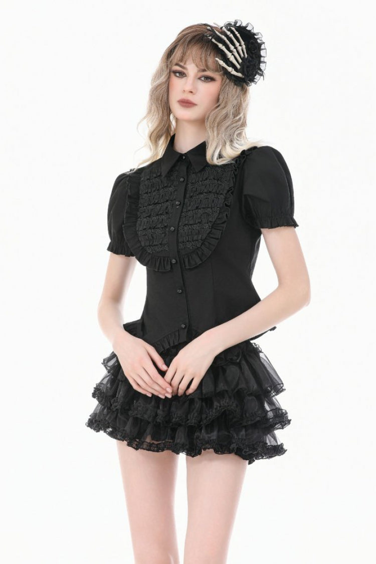 Victorian Slim Blouse with Ruffled Puff Sleeves - Gothic Edge