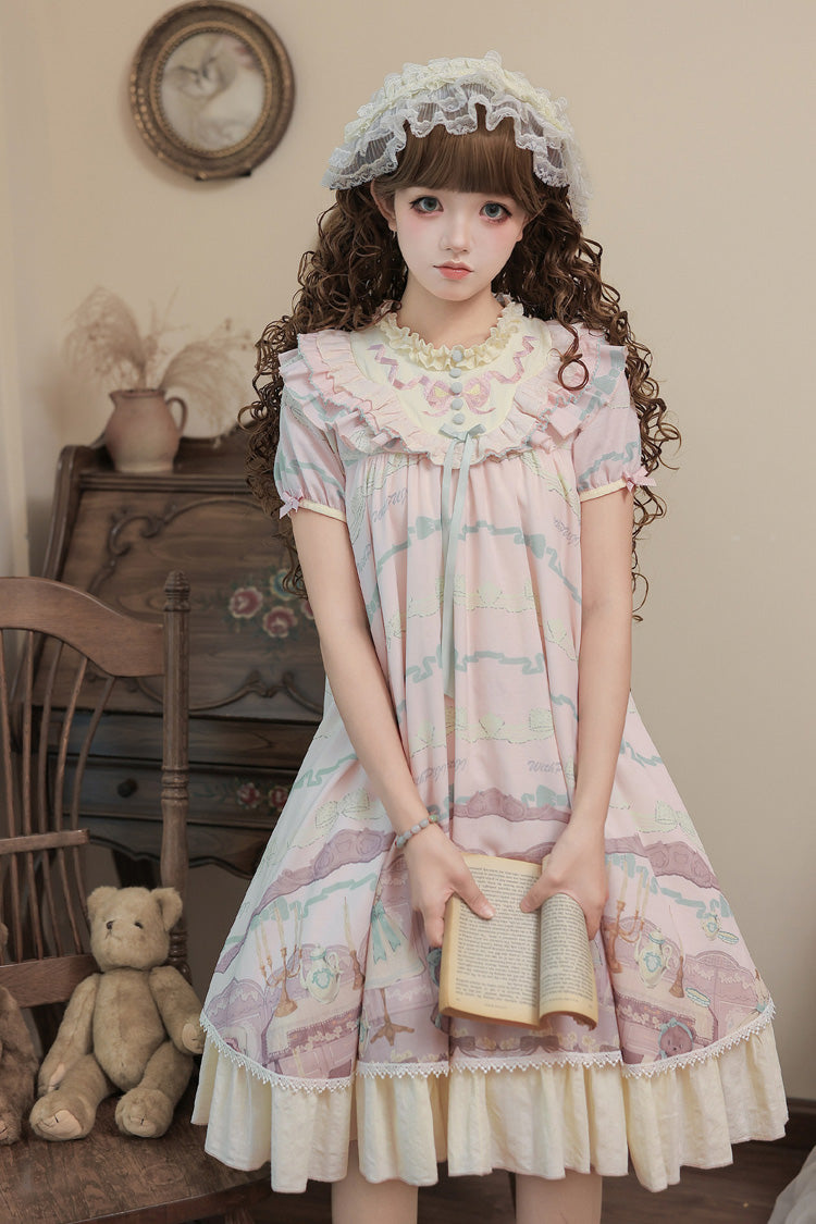 Rose Bear Print Bow Sweet Lolita Dress Set with Ruffled Short Sleeves