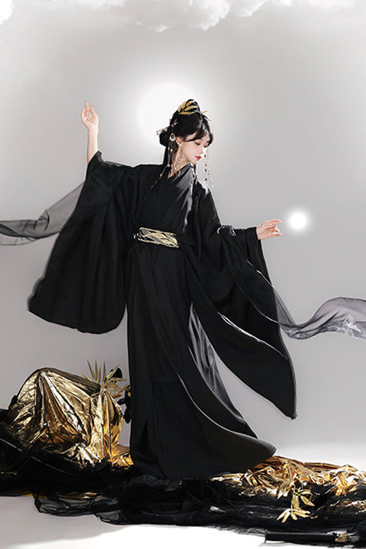 V-Neck Trumpet Sleeve High-Waisted Hanfu Dress Set - Bamboo Leaves