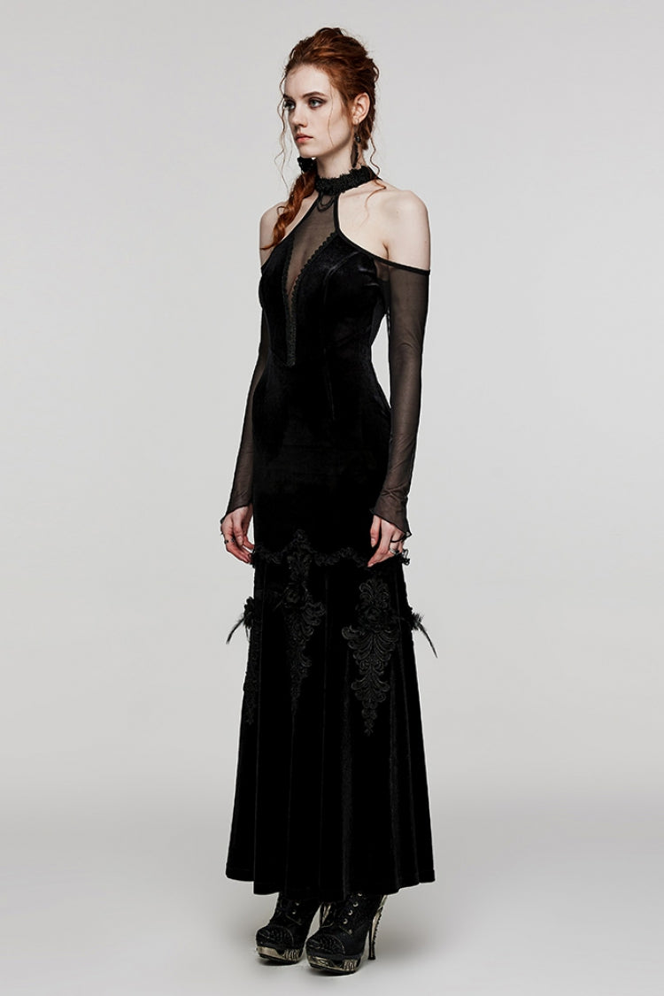 Gothic Mesh Dress with Off-Shoulder Hollow Stitching and V-Collar