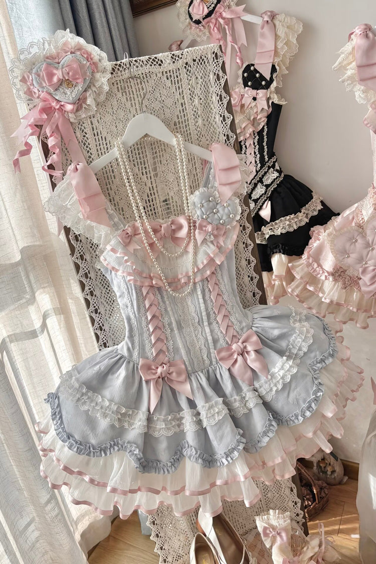 Azure Triple Ruffled Bow Lace-Up Slim Ballet Sweet Lolita Outfit