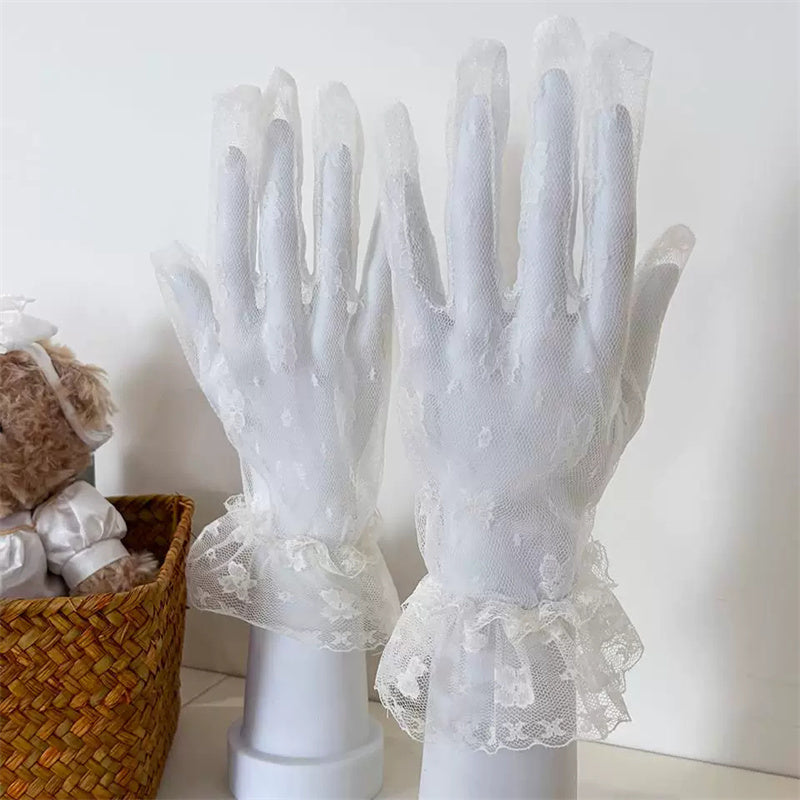 Lace Mesh Gloves with Butterfly Embroidery
