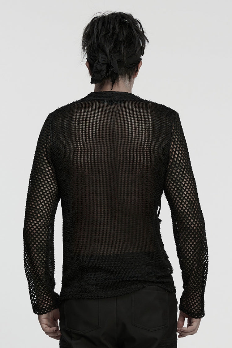 Punk Eyelet Mesh Tee for Men with Extended Sleeves