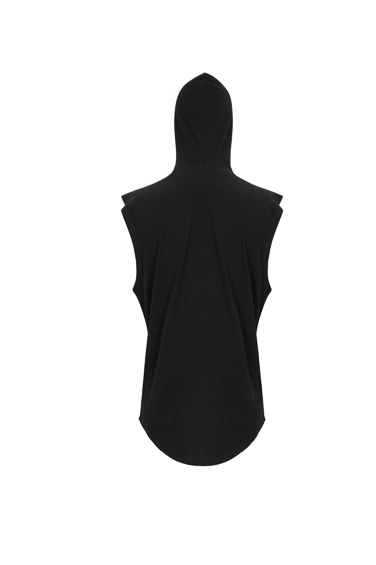 Men's Punk Sleeveless Hooded Tank Top in Irregular Black Knit Design