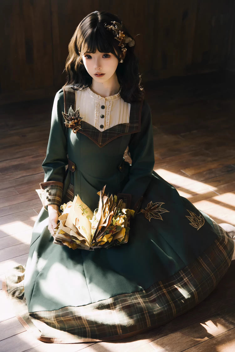 Emerald Autumn Chronicles Round Collar Long Sleeve Printed Embroidered Slim Sweet Lolita Gown