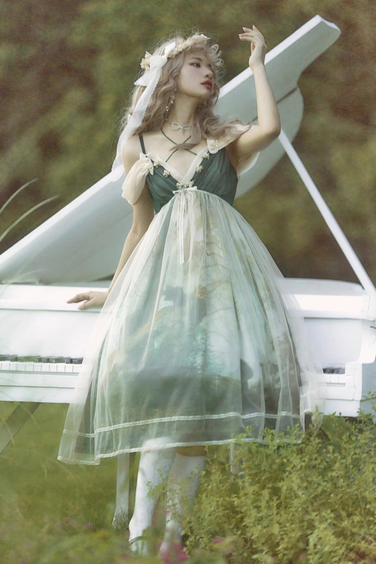 Emerald V Collar Morning in Pine Forest Print Sweet Lolita Jumper