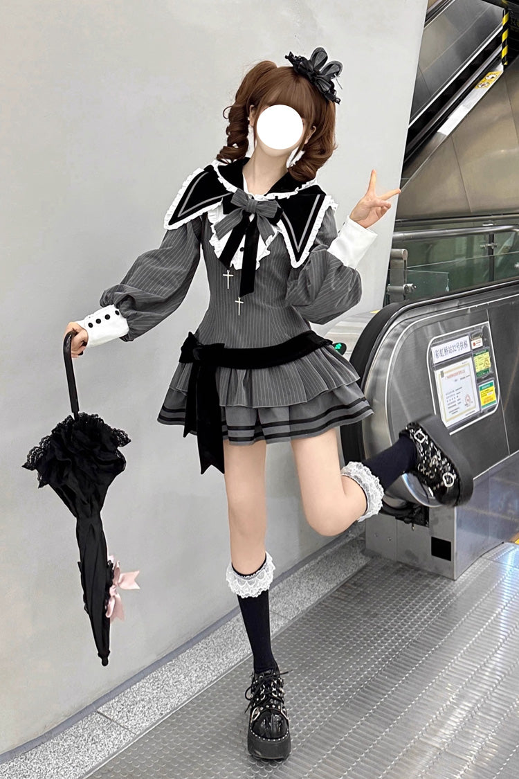 Navy Collar Long Sleeve Ruffle Gothic Dress - Bizarre Rabbit Opera