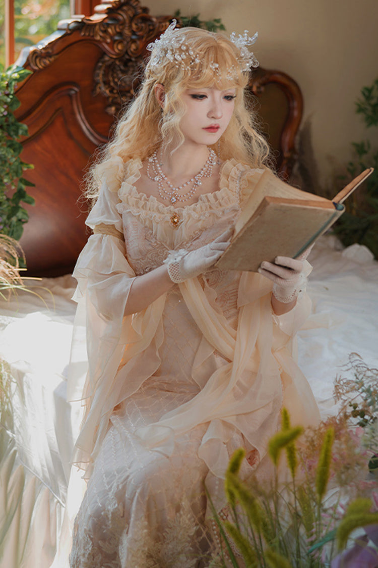 Bathing in the Light Short Sleeves Dress, Ruffle Embroidery Lace Sweet Elegant