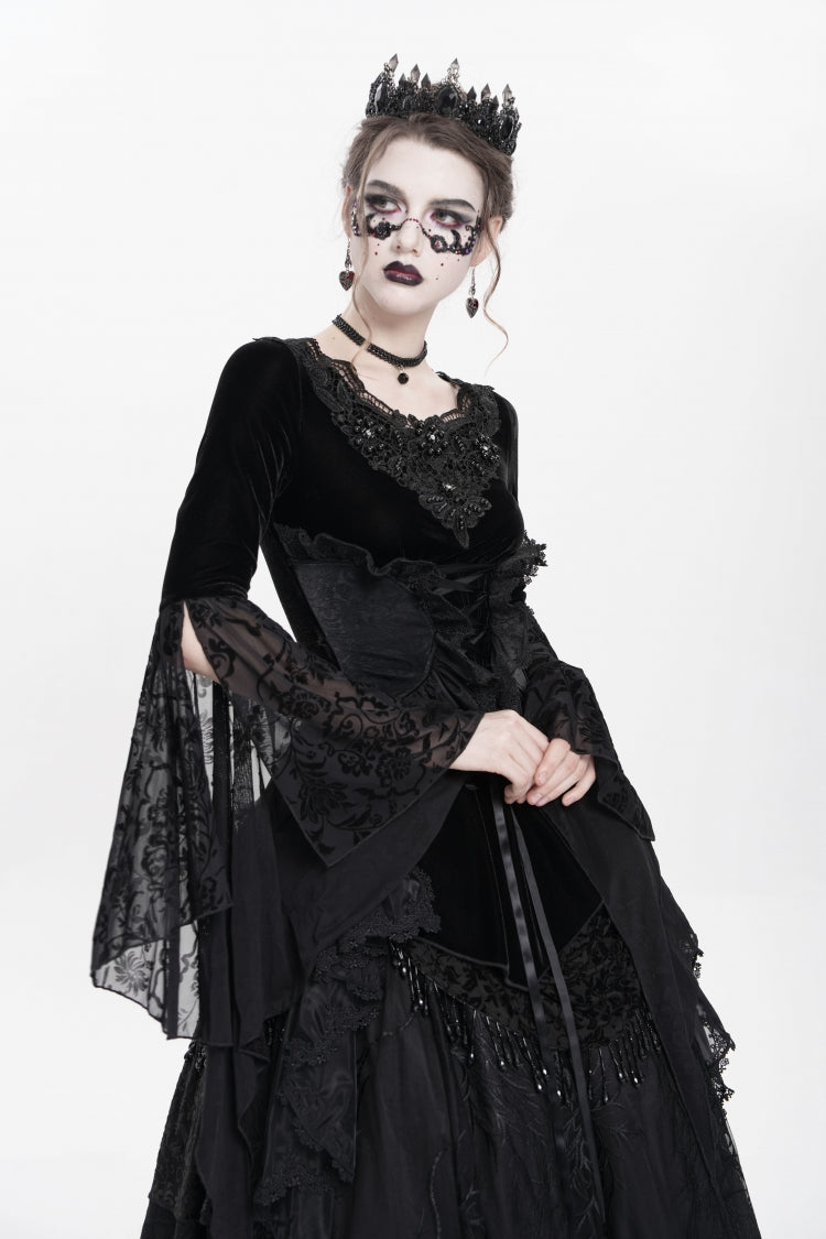 Beaded Pleated Gothic Blouse with Lace-Up Front and Extended Sleeves