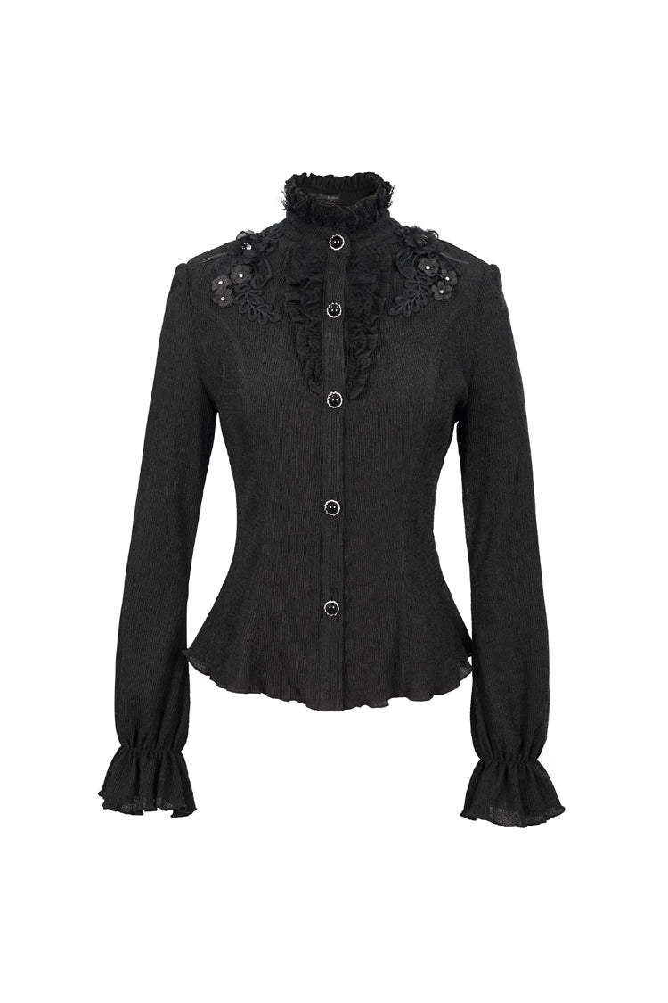 Gothic Shirt with High Neck Lantern Sleeves and Embroidered Details