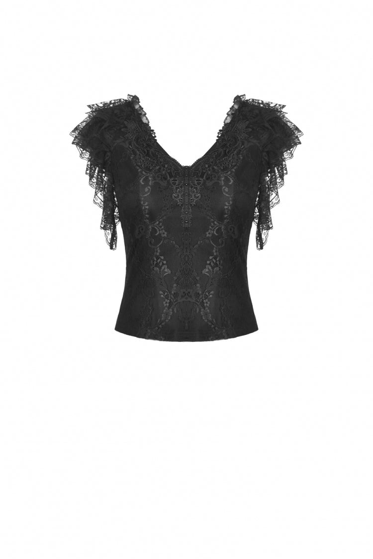 Midnight Lace-Trimmed Crop Top with Deep Plunge Neck