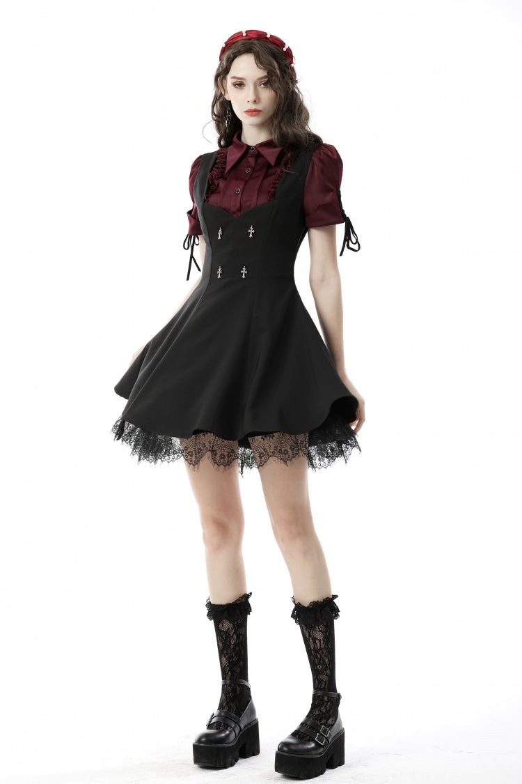 Burgundy Point Collar Short Puff Sleeve Ruffled Gothic Elegant Women's Blouse