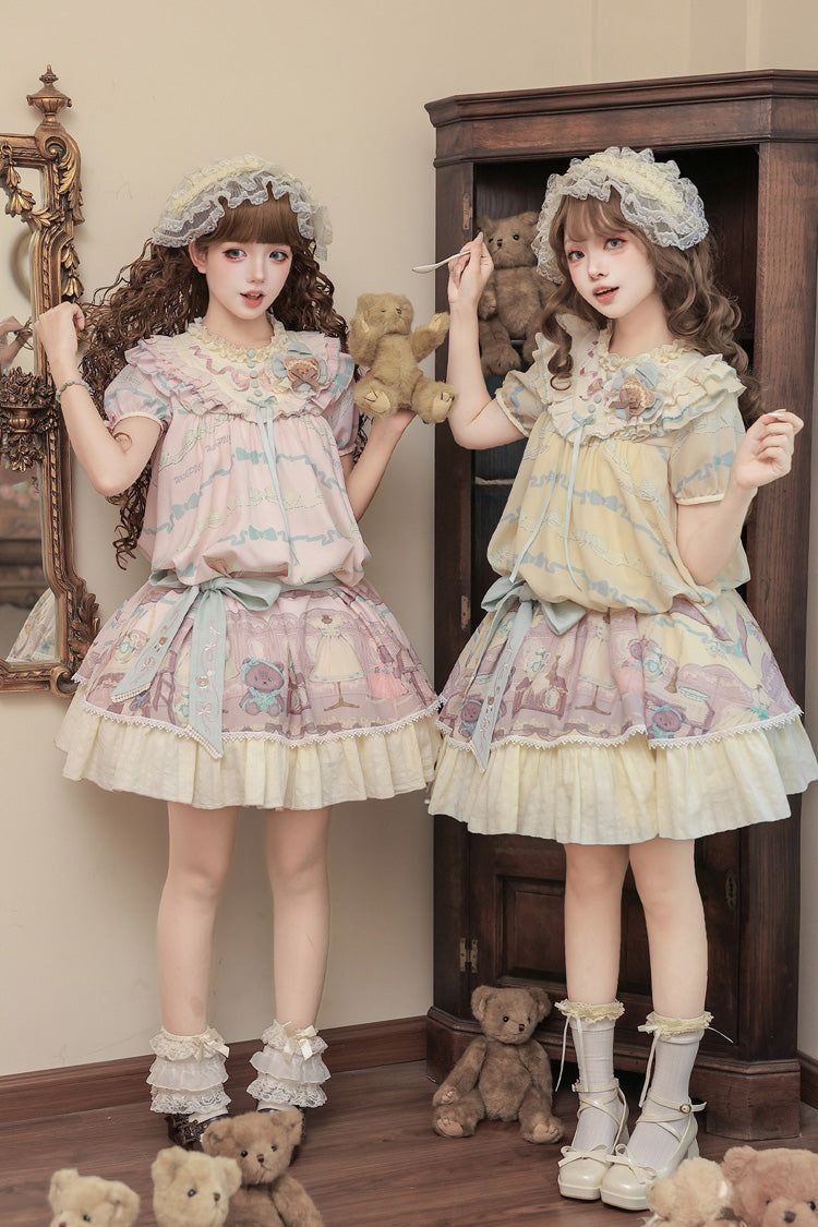 Rose Bear Print Bow Sweet Lolita Dress Set with Ruffled Short Sleeves
