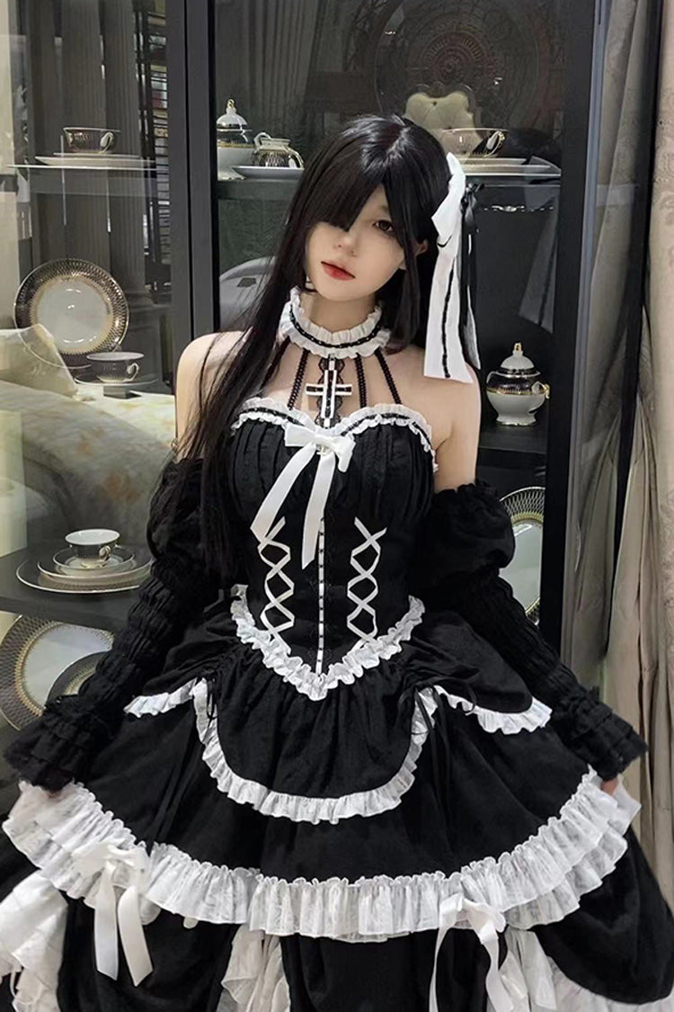 Princess Gothic Lolita Dress with Halterneck, Ruffle Bowknot and Lace Lace-Up