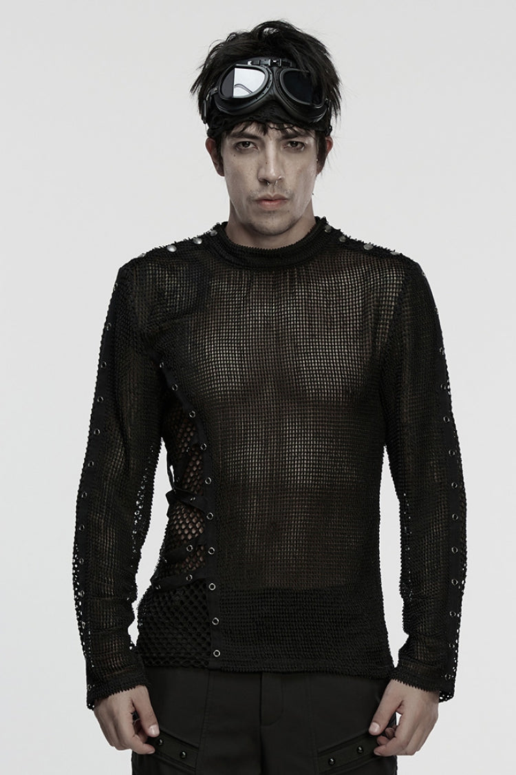 Punk Eyelet Mesh Tee for Men with Extended Sleeves
