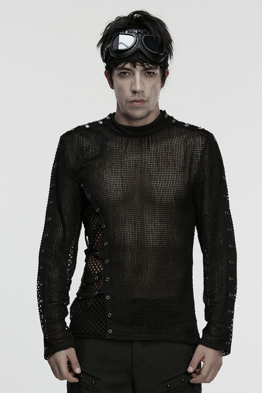Punk Eyelet Mesh Tee for Men with Extended Sleeves