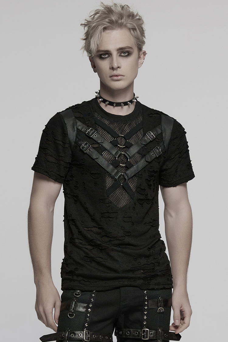 Ripped Strap T-Shirt with Mesh Stitching for Men